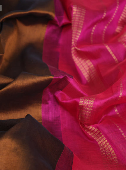 Silk cotton saree brown shade and pink with allover zari checked pattern and zari woven korvai border