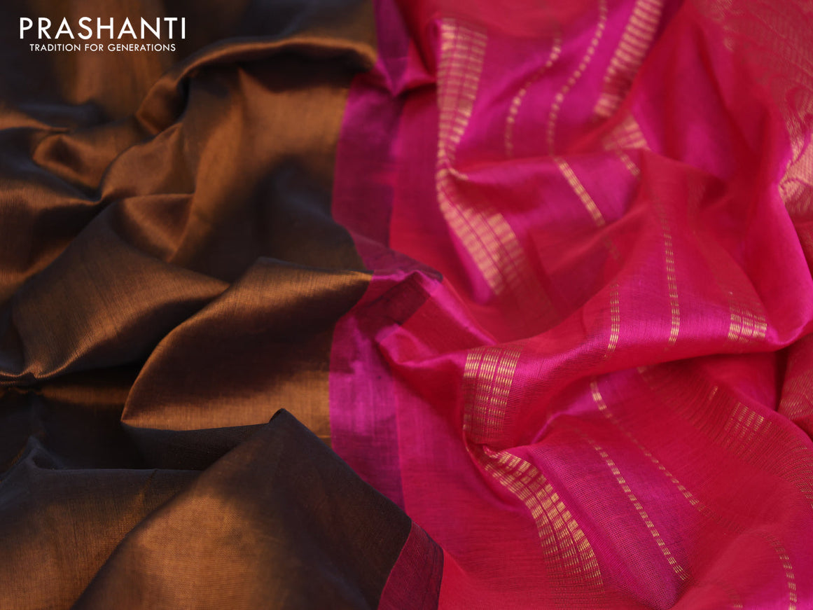 Silk cotton saree brown shade and pink with allover zari checked pattern and zari woven korvai border