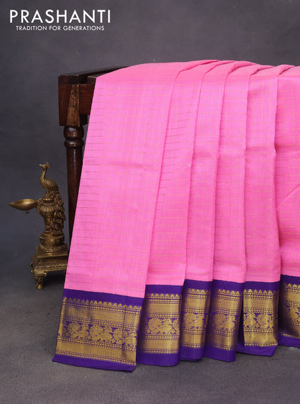 Silk cotton saree candy pink and blue with allover zari checked pattern and zari woven korvai border