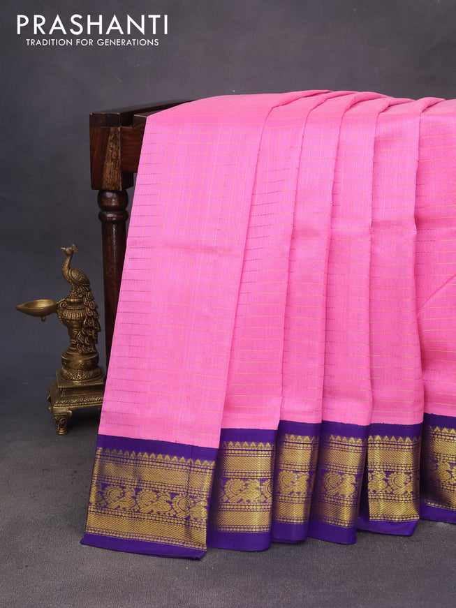 Silk cotton saree candy pink and blue with allover zari checked pattern and zari woven korvai border