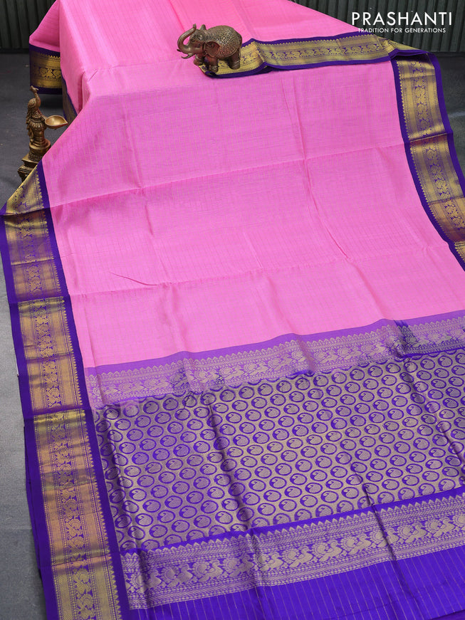 Silk cotton saree candy pink and blue with allover zari checked pattern and zari woven korvai border