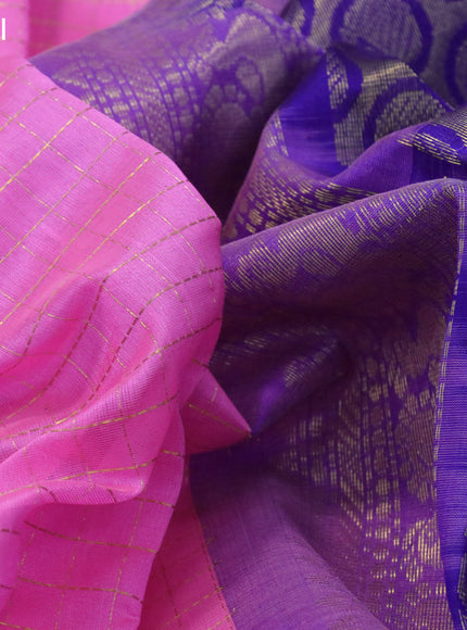 Silk cotton saree candy pink and blue with allover zari checked pattern and zari woven korvai border