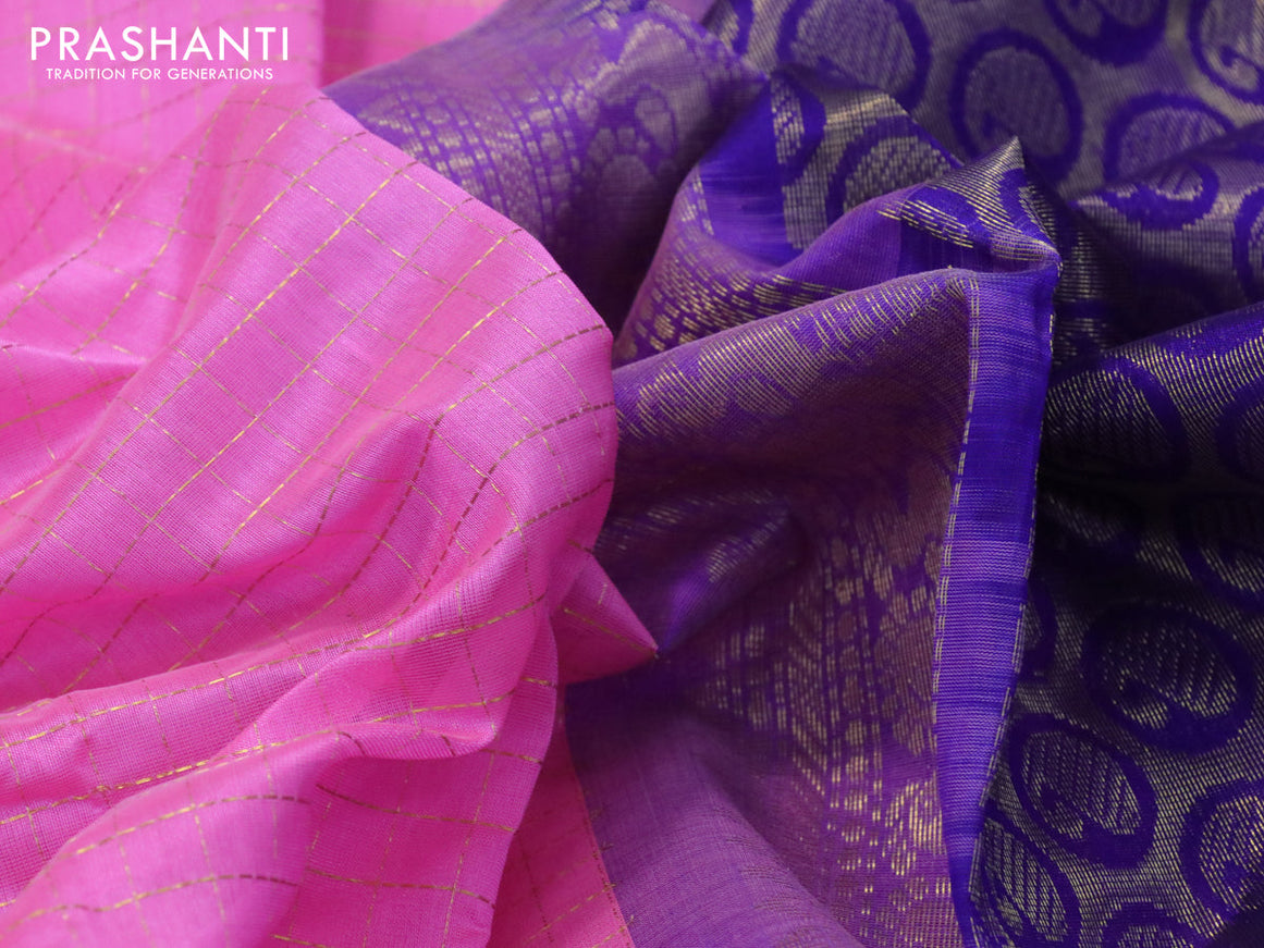 Silk cotton saree candy pink and blue with allover zari checked pattern and zari woven korvai border