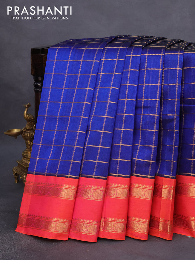 Silk cotton saree blue and dual shade of pinkish orange with allover zari woven checked pattern and rettapet zari woven korvai border