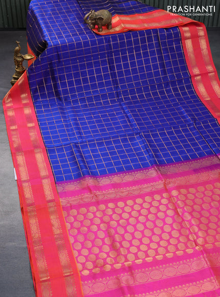 Silk cotton saree blue and dual shade of pinkish orange with allover zari woven checked pattern and rettapet zari woven korvai border