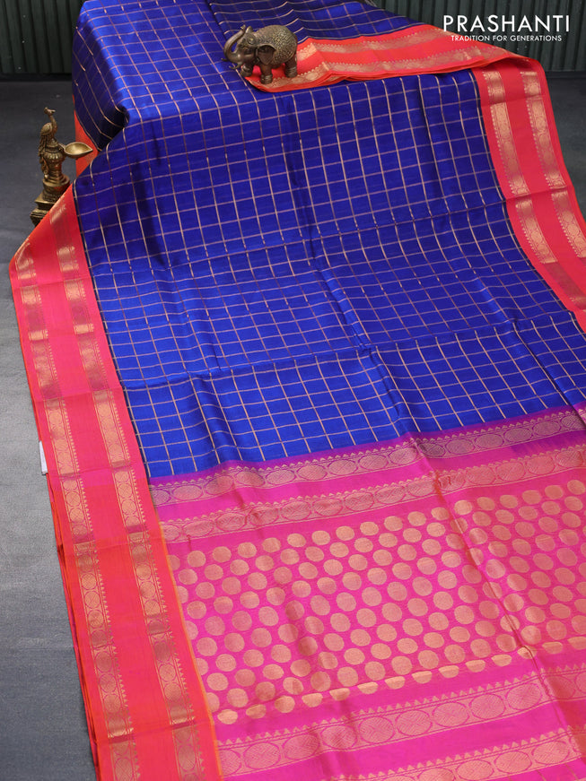 Silk cotton saree blue and dual shade of pinkish orange with allover zari woven checked pattern and rettapet zari woven korvai border