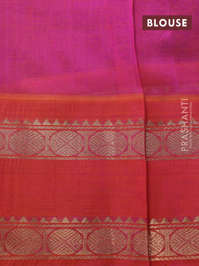 Silk cotton saree blue and dual shade of pinkish orange with allover zari woven checked pattern and rettapet zari woven korvai border