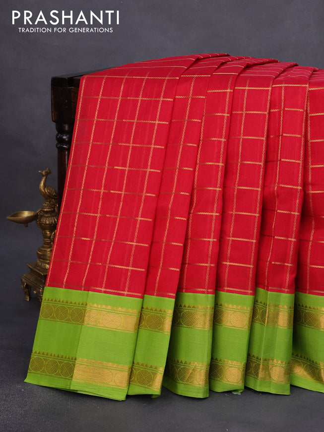 Silk cotton saree red and light green with allover zari woven checked pattern and rettapet zari woven korvai border