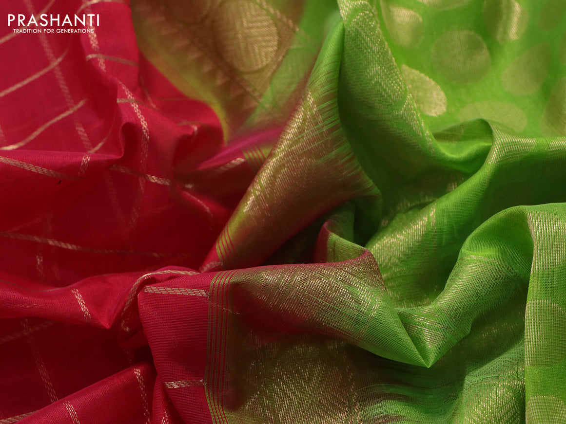 Silk cotton saree red and light green with allover zari woven checked pattern and rettapet zari woven korvai border