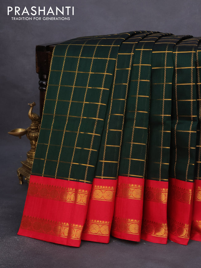 Silk cotton saree bottle green and red with allover zari woven checked pattern and rettapet zari woven korvai border