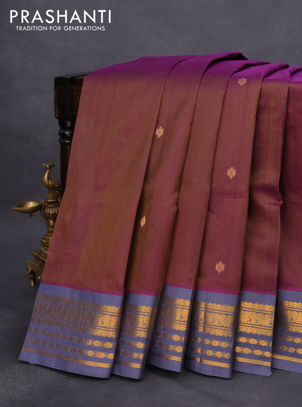 Silk cotton saree dual shade of brownish purple and dual shade of grey with zari woven buttas and zari woven korvai border