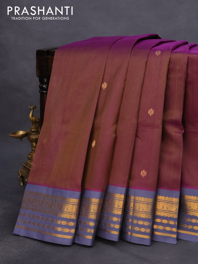 Silk cotton saree dual shade of brownish purple and dual shade of grey with zari woven buttas and zari woven korvai border