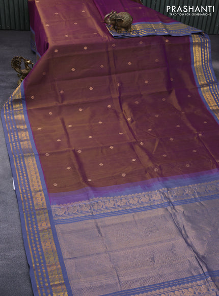 Silk cotton saree dual shade of brownish purple and dual shade of grey with zari woven buttas and zari woven korvai border