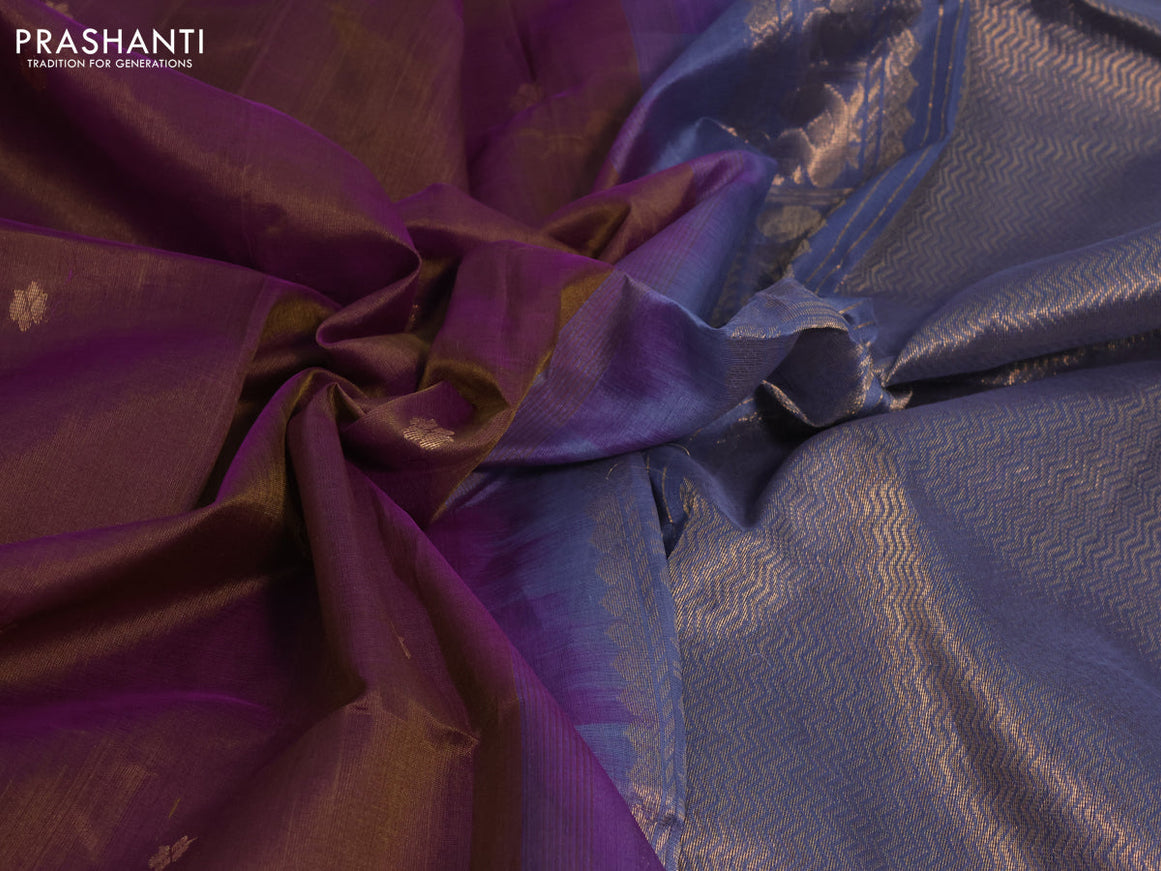 Silk cotton saree dual shade of brownish purple and dual shade of grey with zari woven buttas and zari woven korvai border