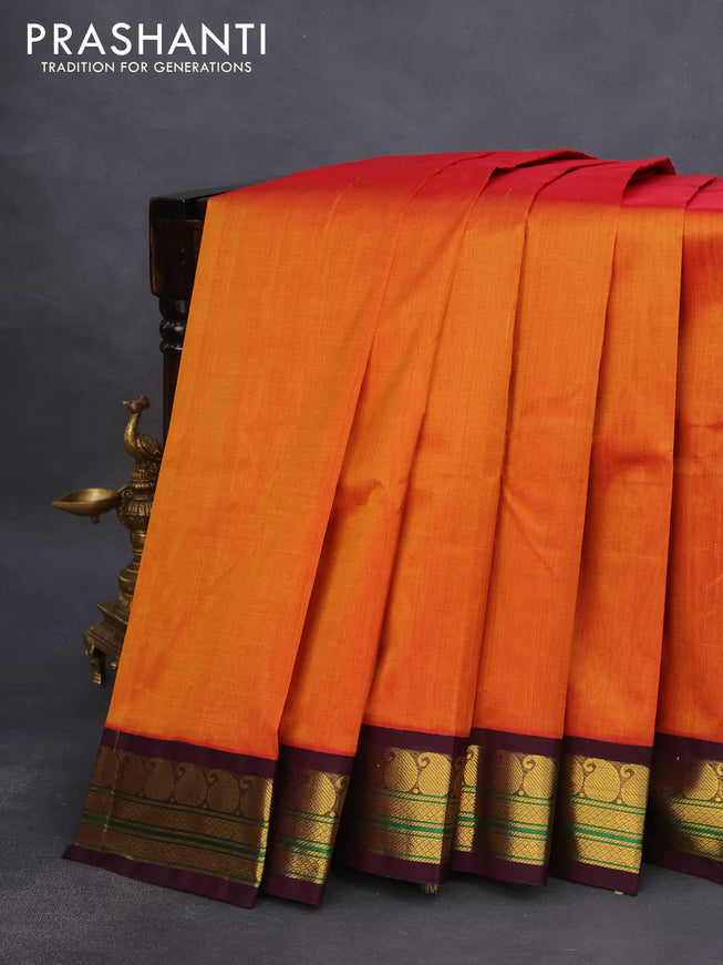 Silk cotton saree rustic orange and wine shade with plain body and paisley zari woven border