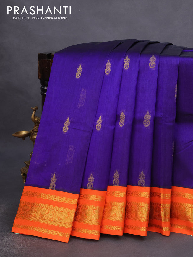 Silk cotton saree blue and orange with zari woven buttas and zari woven korvai border