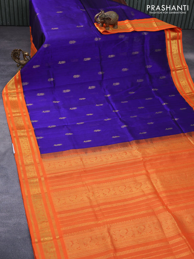 Silk cotton saree blue and orange with zari woven buttas and zari woven korvai border