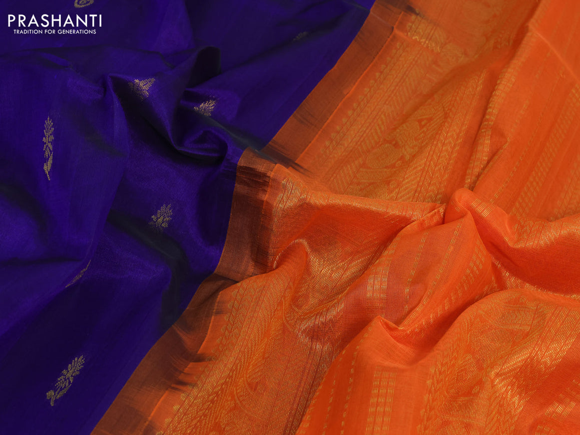 Silk cotton saree blue and orange with zari woven buttas and zari woven korvai border