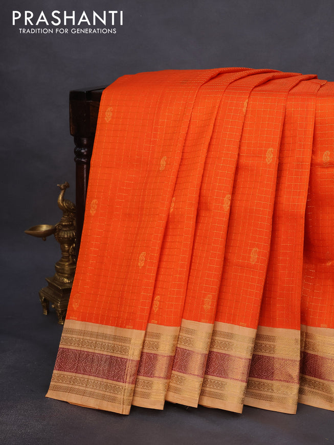 Silk cotton saree orange and sandal with allover zari checks & buttas and zari woven korvai border