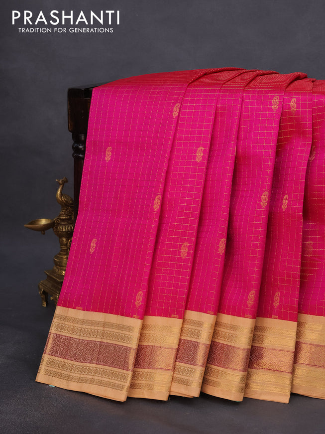 Silk cotton saree pink and sandal with allover zari checks & buttas and zari woven korvai border