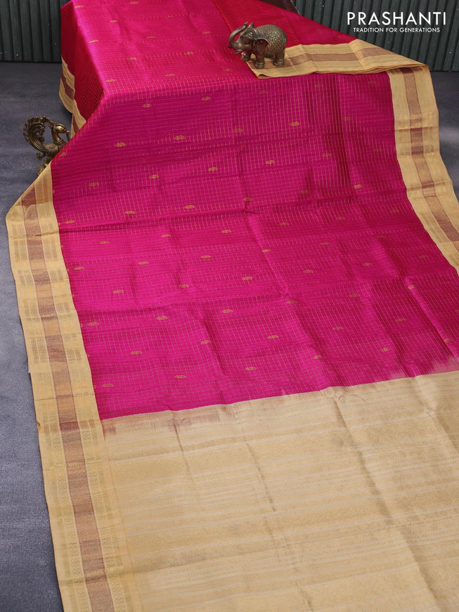 Silk cotton saree pink and sandal with allover zari checks & buttas and zari woven korvai border