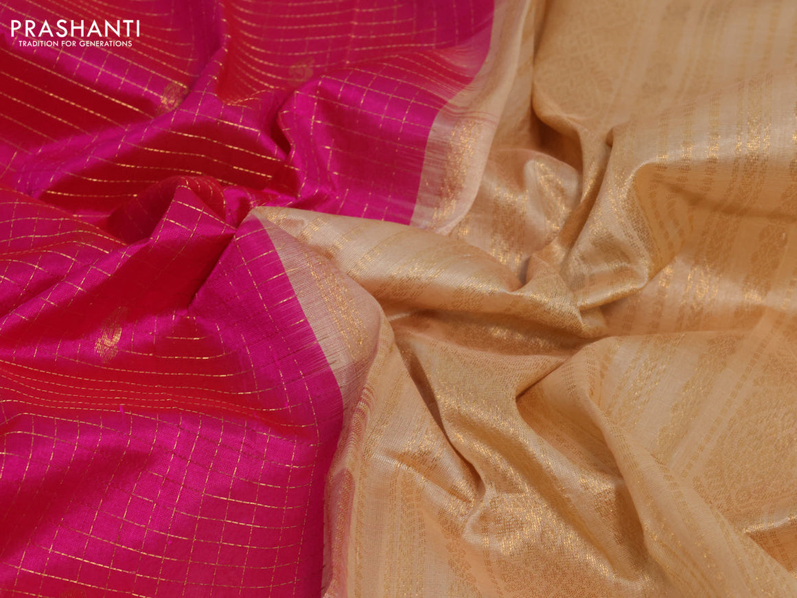 Silk cotton saree pink and sandal with allover zari checks & buttas and zari woven korvai border