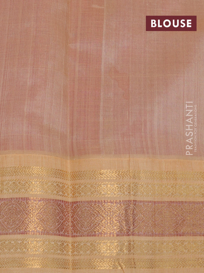 Silk cotton saree pink and sandal with allover zari checks & buttas and zari woven korvai border