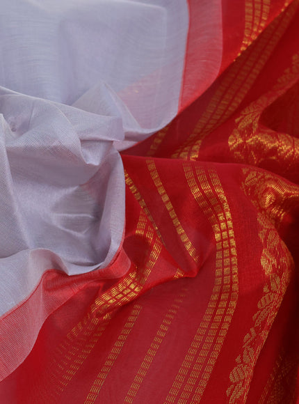 Silk cotton saree pastel grey and red with plain body and rettapet zari woven korvai border