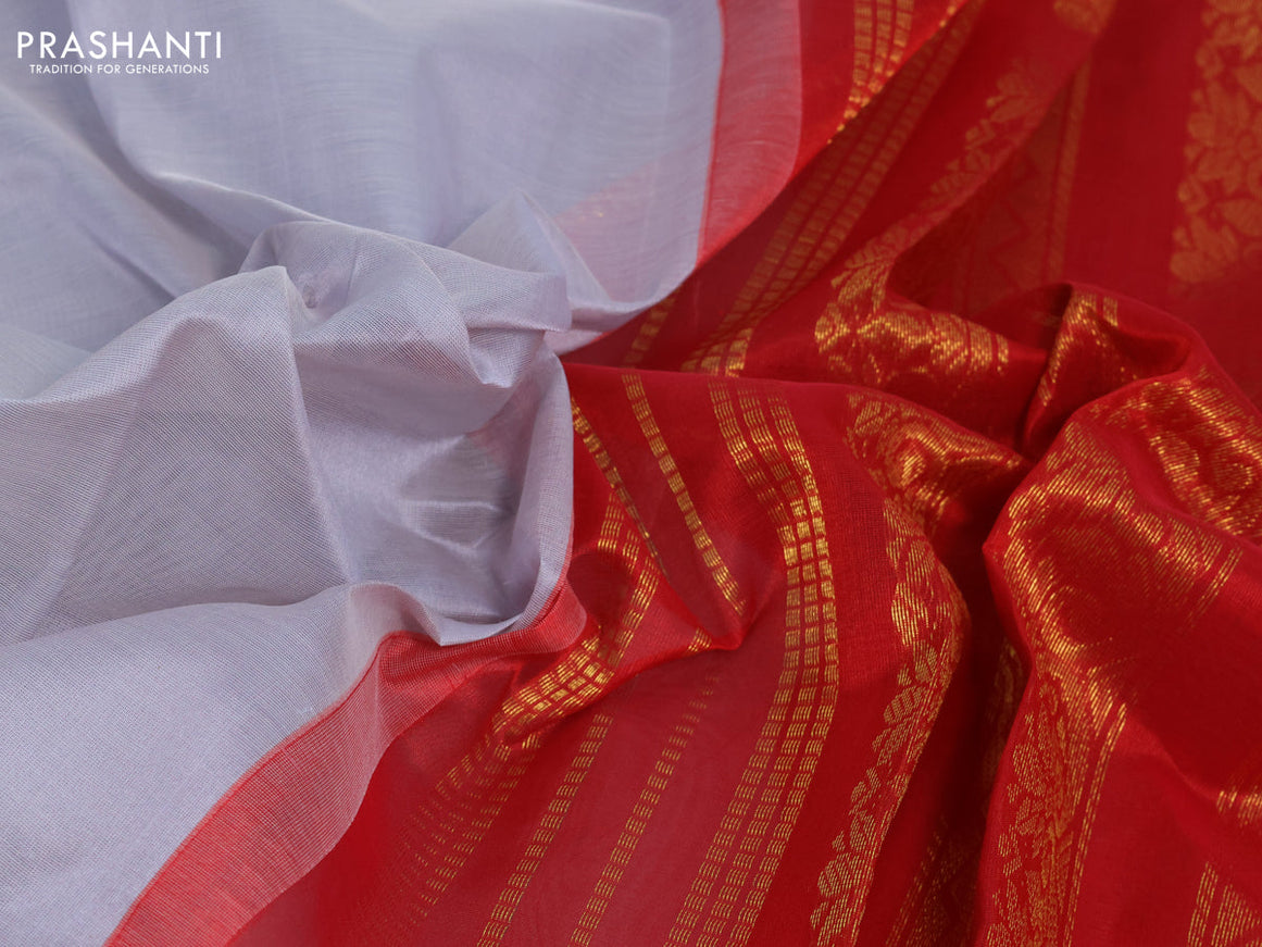 Silk cotton saree pastel grey and red with plain body and rettapet zari woven korvai border