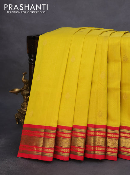 Silk cotton saree yellow and red with zari woven buttas and zari woven korvai border