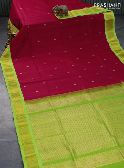 Silk cotton saree red and light green with paisley zari woven buttas and zari woven korvai border