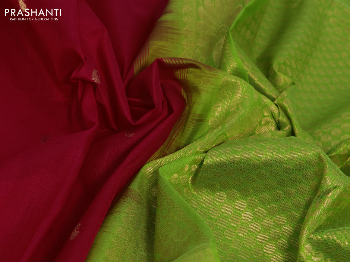 Silk cotton saree red and light green with paisley zari woven buttas and zari woven korvai border