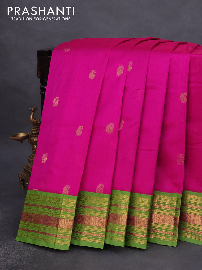 Silk cotton saree pink and light green with annam & paisley zari woven buttas and zari woven korvai border