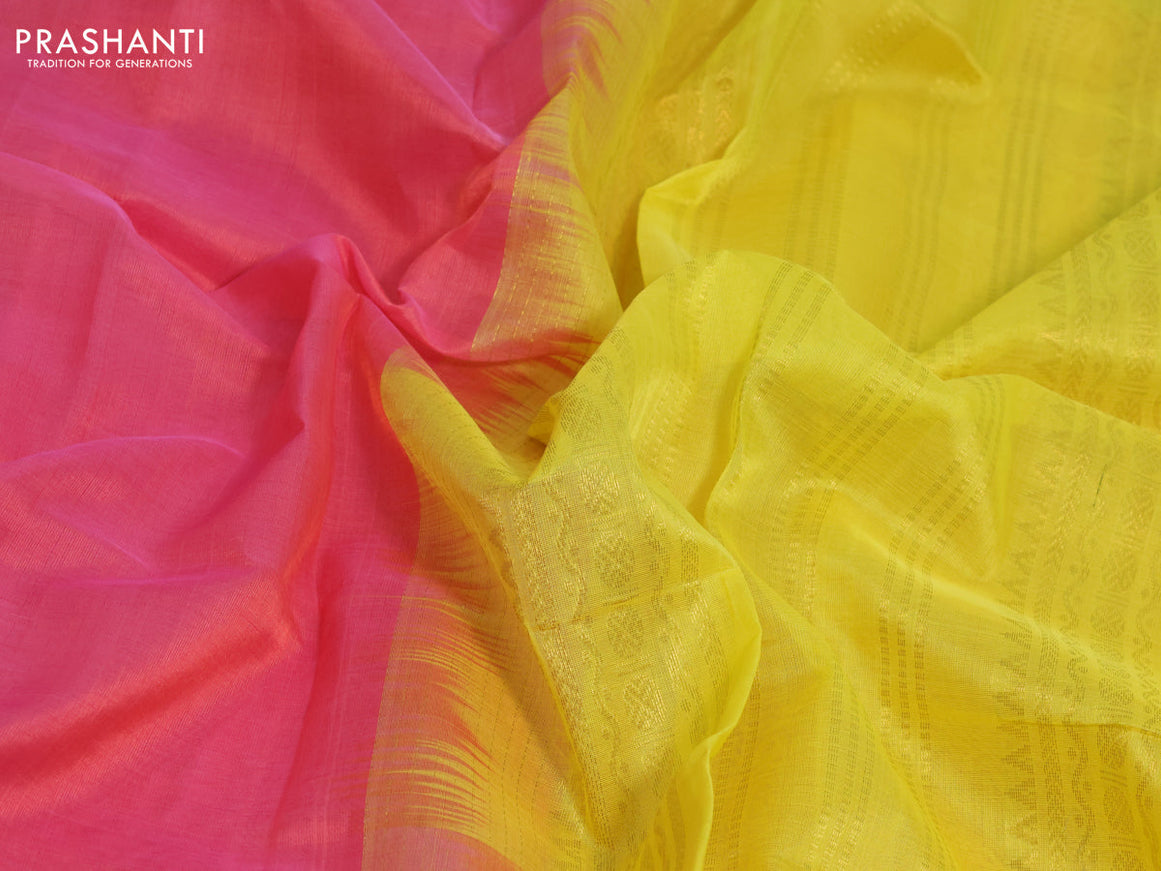 Silk cotton saree peach pink and yellow with plain body and rettapet zari woven korvai border