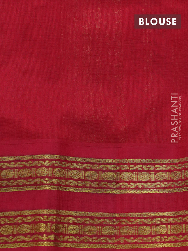 Silk cotton saree dual shade of greenish blue and red with plain body and rettapet zari woven korvai border