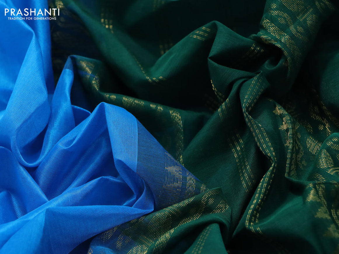 Silk cotton saree blue and green with plain body and rettapet zari woven korvai border