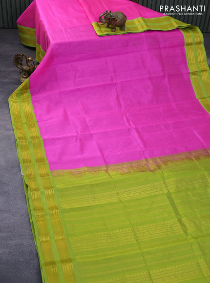 Silk cotton saree candy pink and light green with plain body and rettapet zari woven korvai border