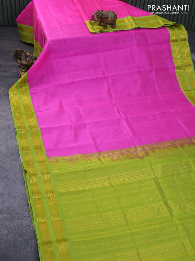 Silk cotton saree candy pink and light green with plain body and rettapet zari woven korvai border