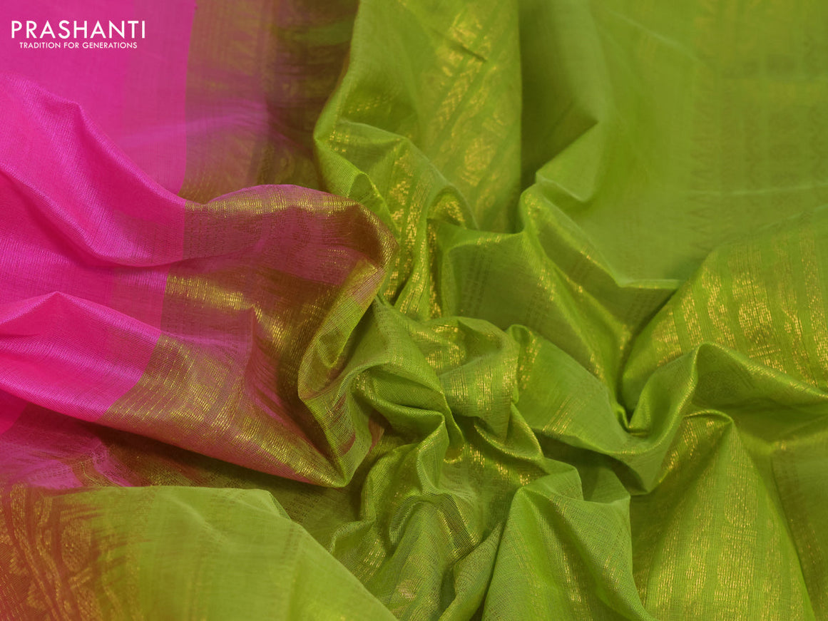 Silk cotton saree candy pink and light green with plain body and rettapet zari woven korvai border