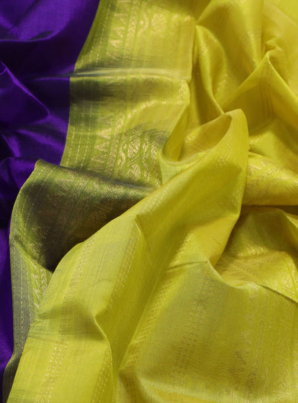 Silk cotton saree deep violet and yellow with plain body and rettapet zari woven korvai border