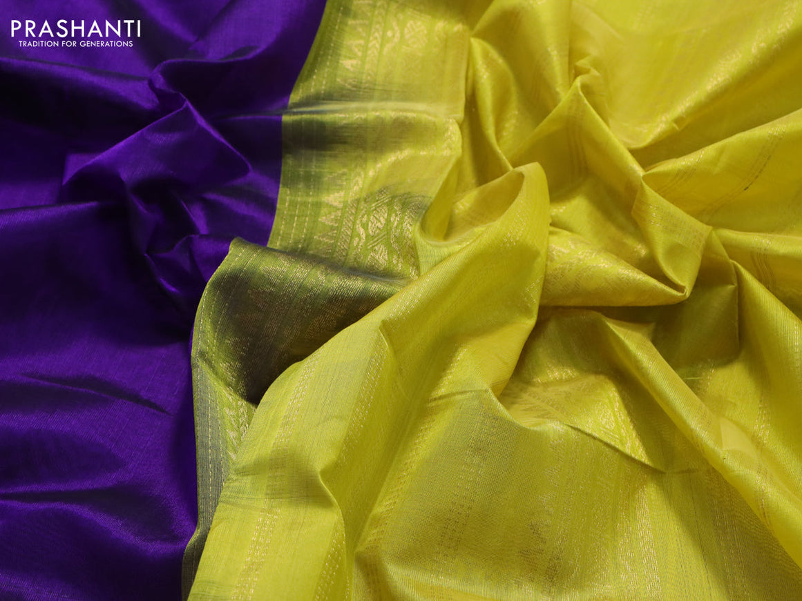 Silk cotton saree deep violet and yellow with plain body and rettapet zari woven korvai border