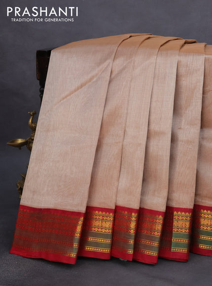 Silk cotton saree beige and maroon with plain body and zari woven korvai border