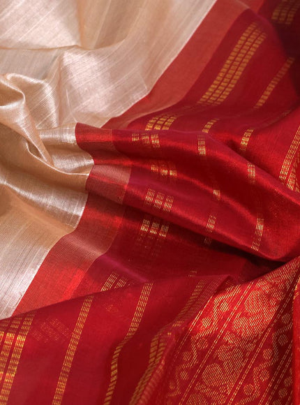 Silk cotton saree beige and maroon with plain body and zari woven korvai border