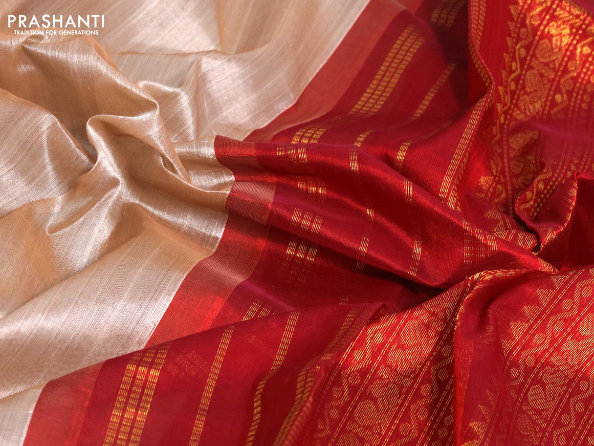 Silk cotton saree beige and maroon with plain body and zari woven korvai border