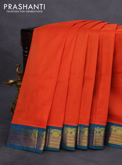 Silk cotton saree orange and dual shade of cs blue with plain body and zari woven korvai border