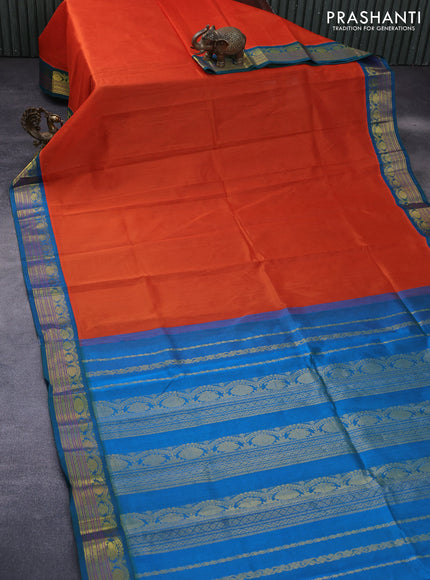 Silk cotton saree orange and dual shade of cs blue with plain body and zari woven korvai border