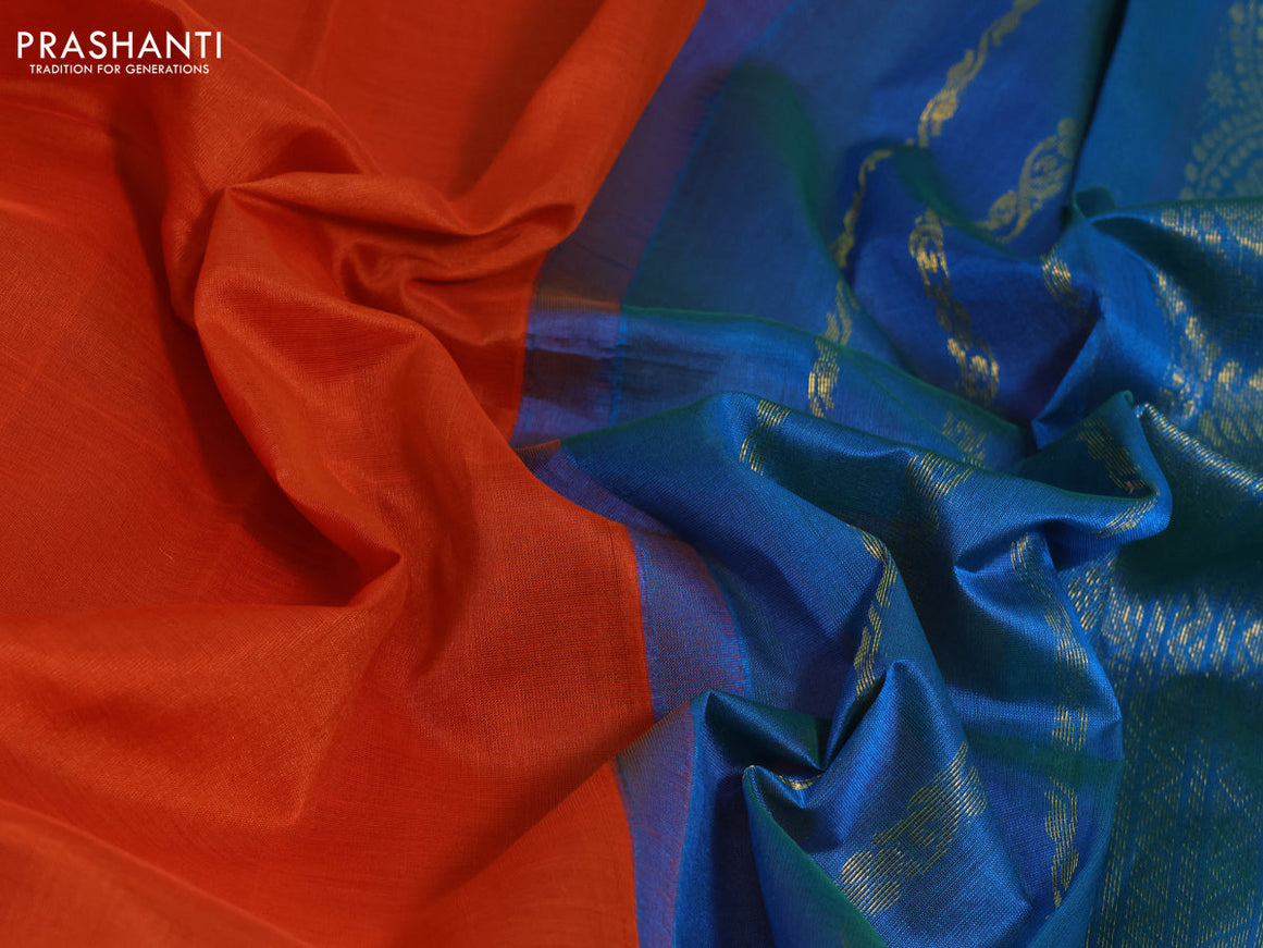 Silk cotton saree orange and dual shade of cs blue with plain body and zari woven korvai border