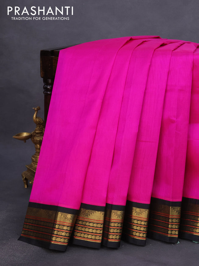 Silk cotton saree magenta pink and black with plain body and zari woven korvai border