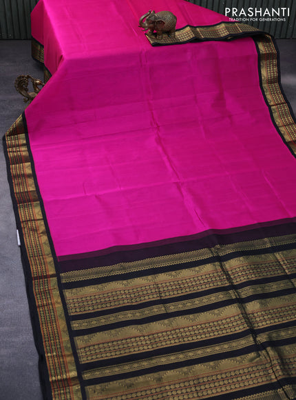 Silk cotton saree magenta pink and black with plain body and zari woven korvai border