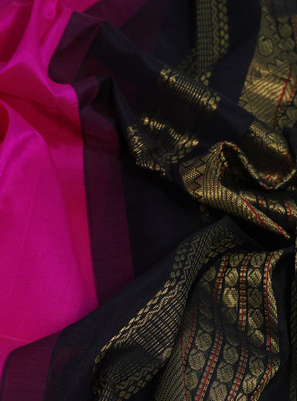 Silk cotton saree magenta pink and black with plain body and zari woven korvai border